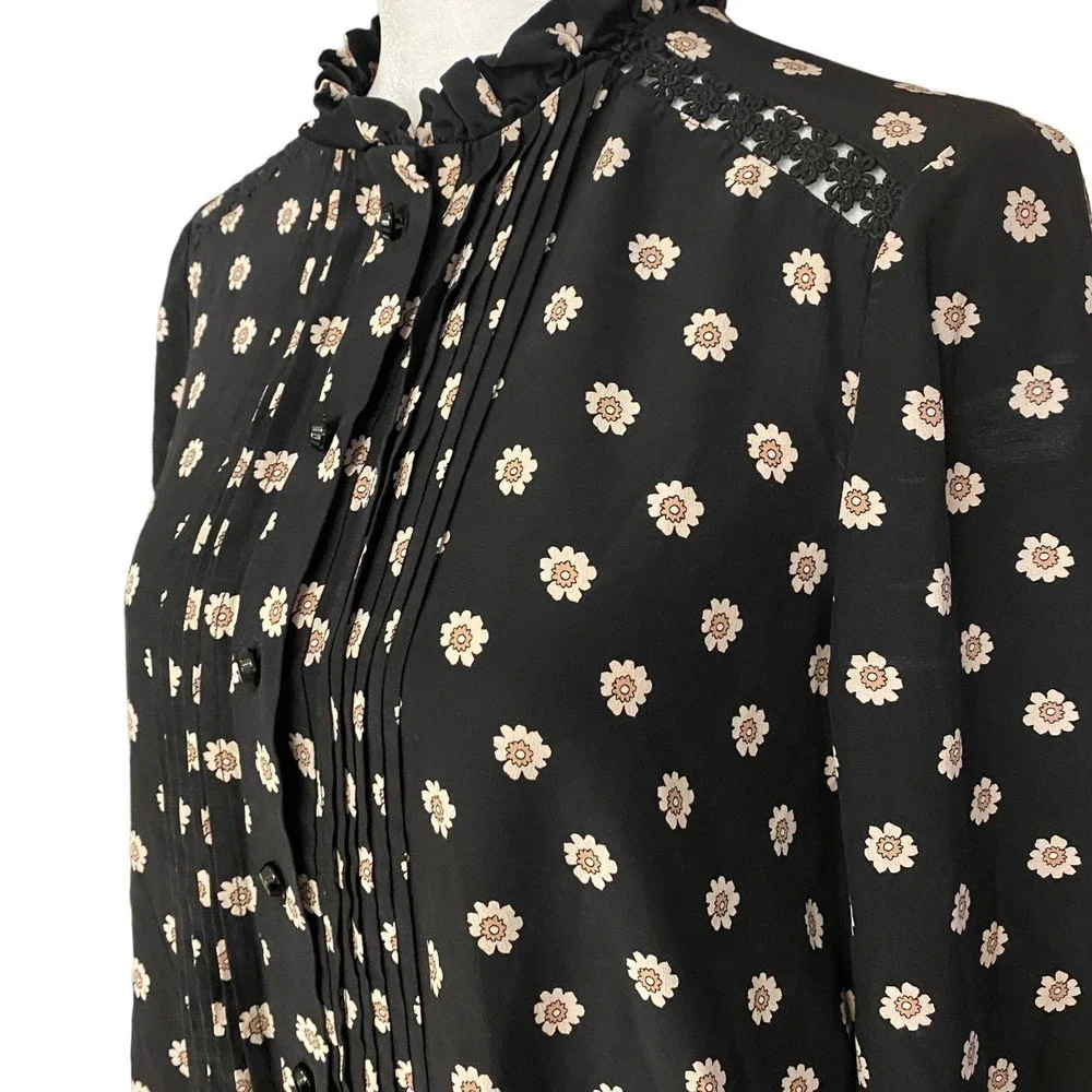 Kate Spade Ditsy Floral Pintuck Pleats Daisy Crochet Trim Popover Silk Black XS